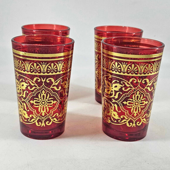 Set of 4 Moroccan Tea Glasses Red Gold Ornate Scrolls Paisley - Picture 2 of 5
